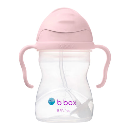 Eclectic b.box blush 240ml weighted straw sippy cup with easy-grip handles and flip-top lid for toddlers.