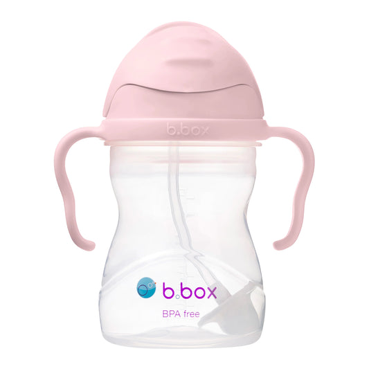 Eclectic b.box blush 240ml weighted straw sippy cup with easy-grip handles and flip-top lid for toddlers.