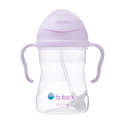Eclectic b.box boysenberry weighted straw sippy cup with easy-grip handles and flip-top lid for toddlers.