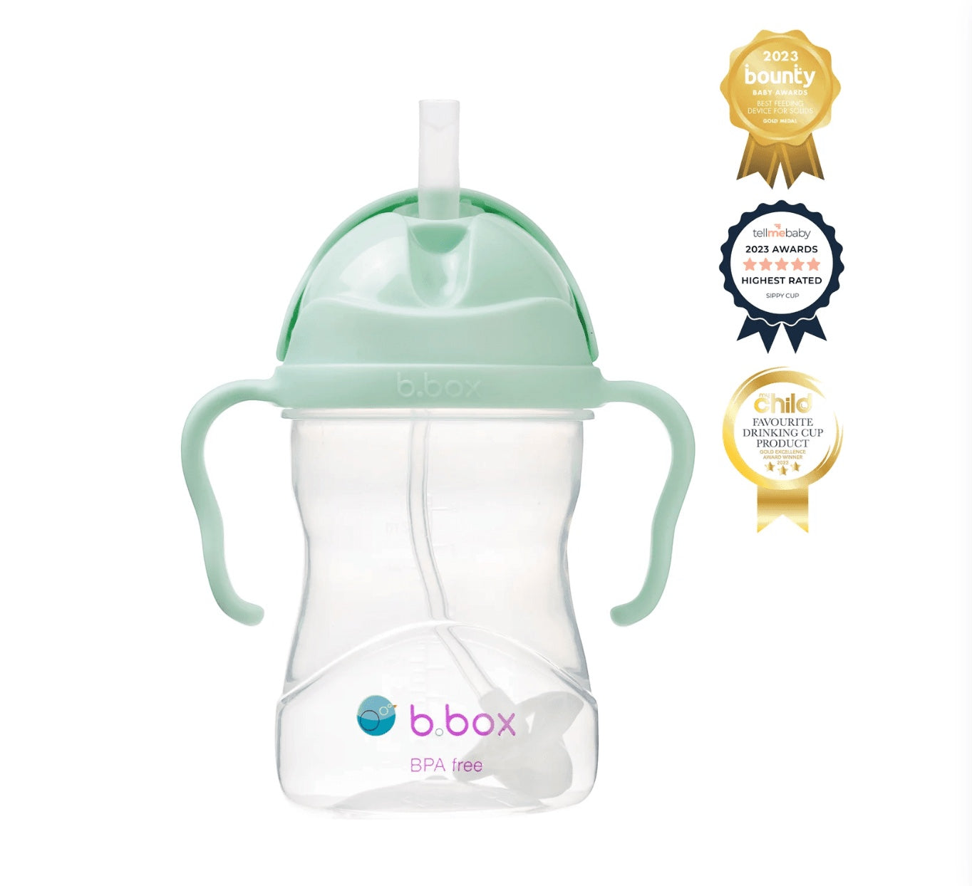 Eclectic b.box pistachio green sippy cup with weighted straw, easy-grip handles, and flip-top lid for toddlers.
