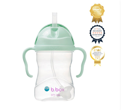 Eclectic b.box pistachio green sippy cup with weighted straw, easy-grip handles, and flip-top lid for toddlers.