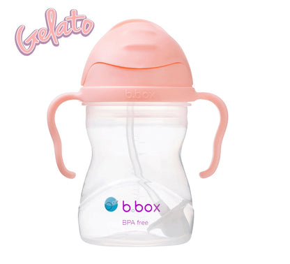 Eclectic b.box Tutti Frutti sippy cup with weighted straw, easy-grip handles, and flip-top lid for toddlers.