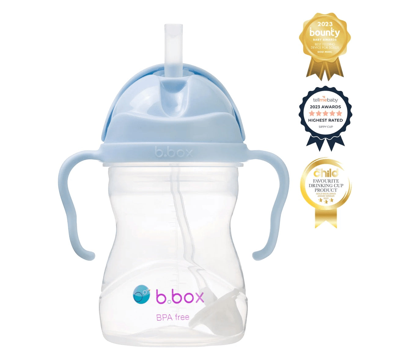 Eclectic b.box weighted straw sippy cup in light blue with easy-grip handles and flip-top lid, featuring award seals.