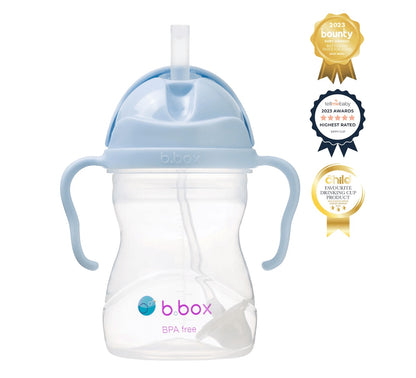 Eclectic b.box weighted straw sippy cup in light blue with easy-grip handles and flip-top lid, featuring award seals.