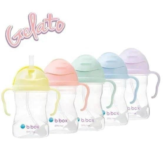 Eclectic b.box weighted straw sippy cups in pastel Tutti Frutti colours with easy-grip handles and flip-top lids.