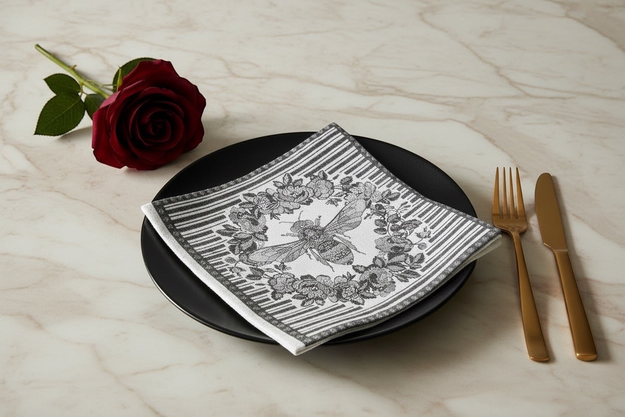 Eclectic Bee Black disposable napkin with floral wreath and bee motif on a black plate with a red rose and gold cutlery