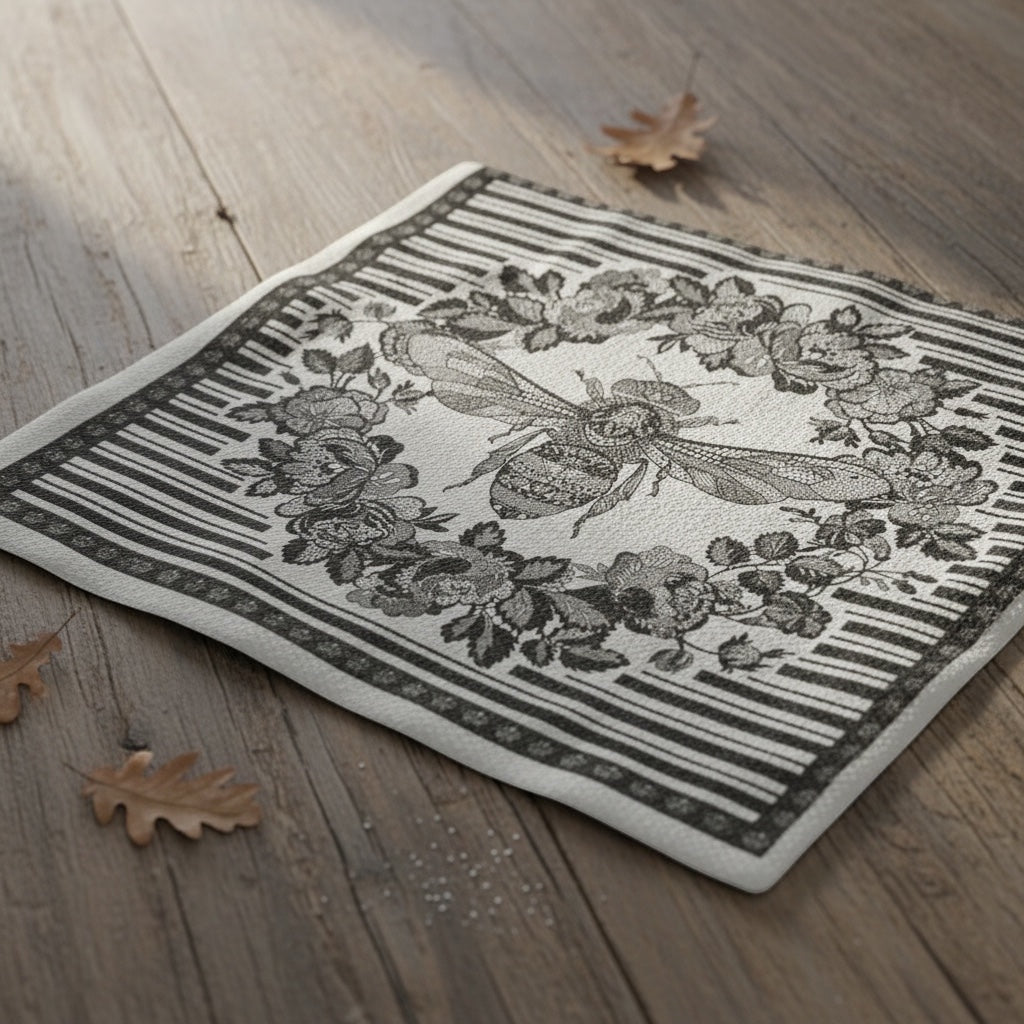 Eclectic Bee Black disposable napkin with a detailed bee and floral wreath motif on a rustic wooden table.