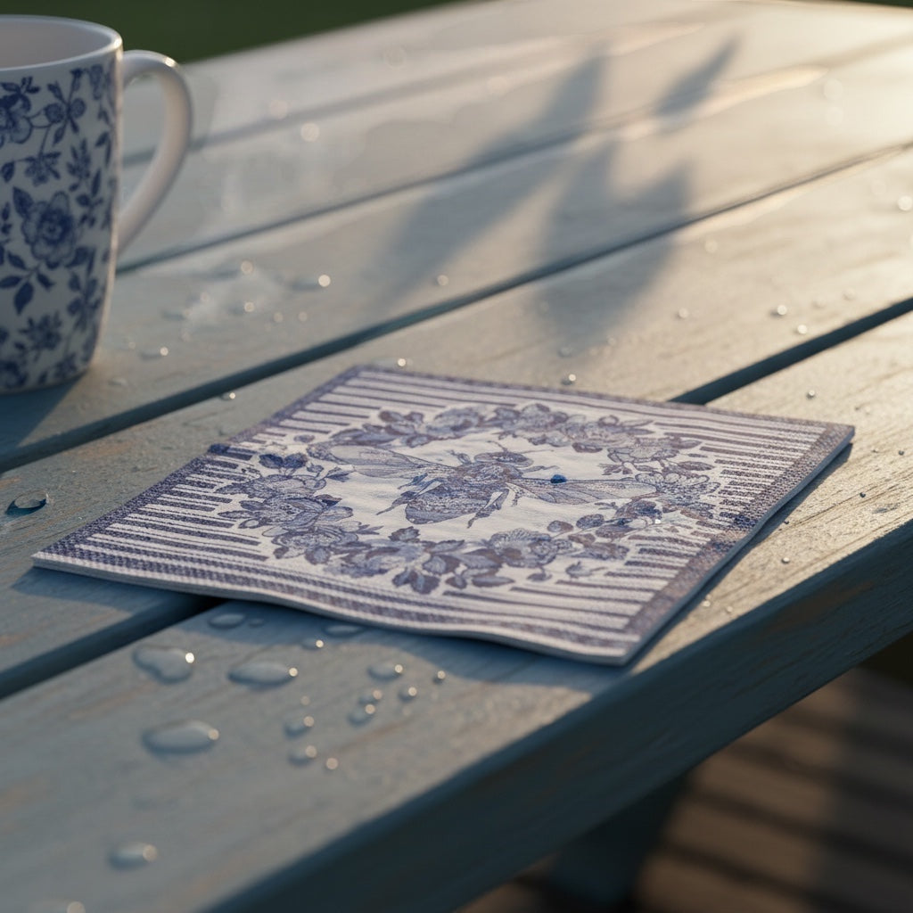 Eclectic Bee Blue linen-feel disposable napkin with botanical bee motif on a wooden table next to a matching mug.