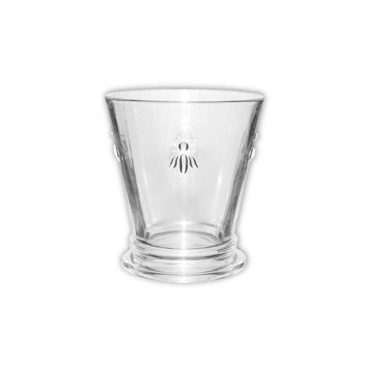 Eclectic clear glass water tumbler featuring an elegant embossed bee motif and a sturdy base
