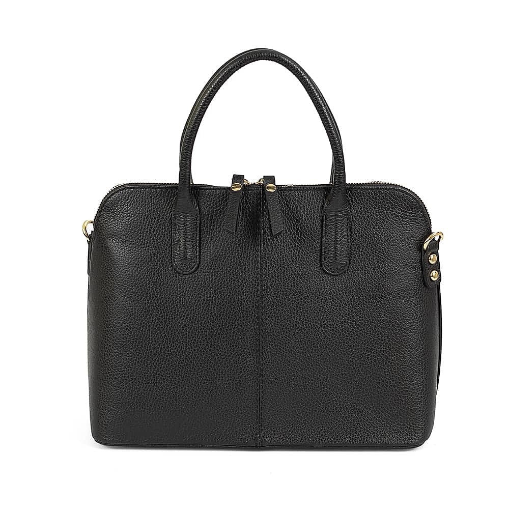 Eclectic Bella structured black Italian leather handbag with top handles and silver-tone hardware.