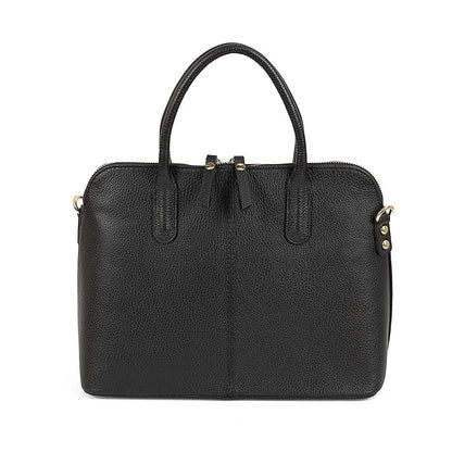 Eclectic Bella structured black Italian leather handbag with top handles and silver-tone hardware.