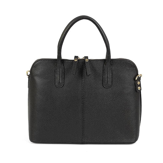Eclectic Bella structured black Italian leather handbag with top handles and silver-tone hardware.