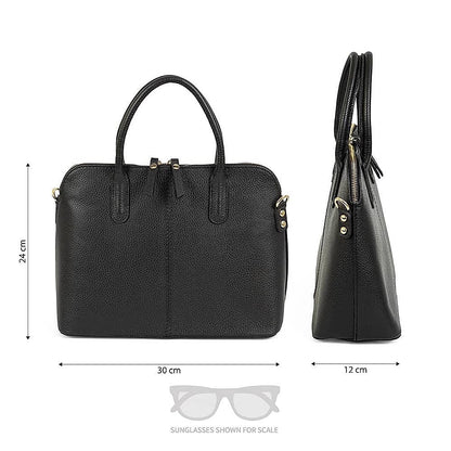 Eclectic Bella black structured Italian leather handbag with top handles and silver hardware, front and side view