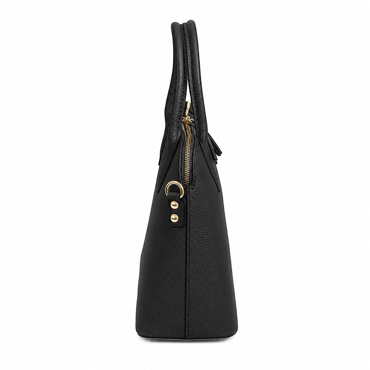 Eclectic Bella black structured Italian leather handbag with top handles and silver-tone hardware, side view.