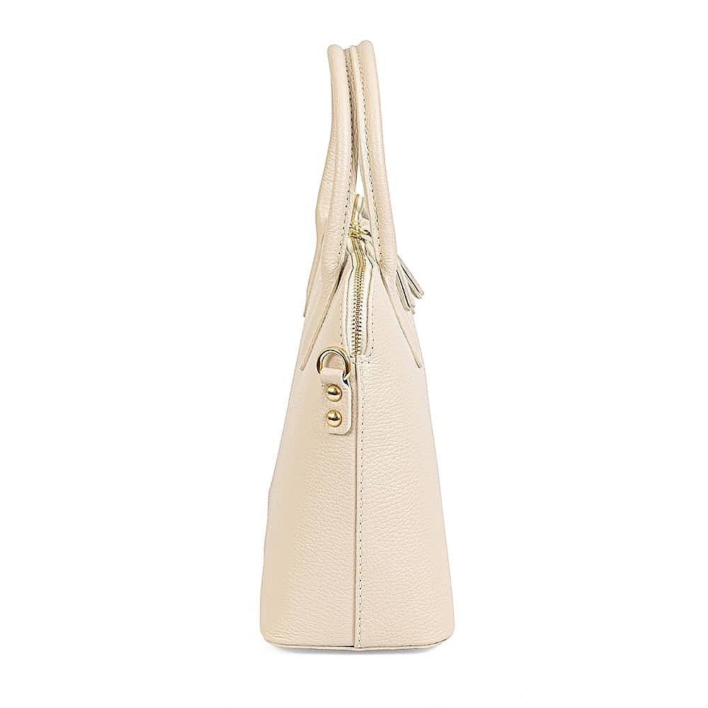 Side view of the Eclectic Bella cream structured Italian leather handbag with silver hardware and top handle.