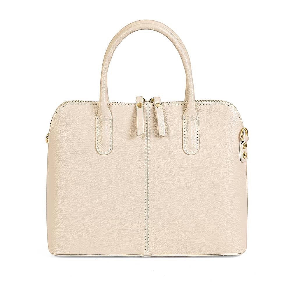 Eclectic Bella structured cream Italian leather handbag with top handles and silver-tone hardware.