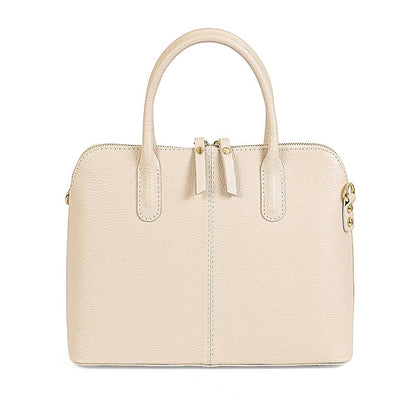Eclectic Bella structured cream Italian leather handbag with top handles and silver-tone hardware.