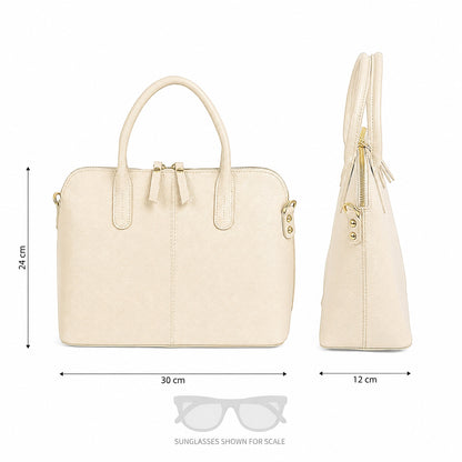 Eclectic Bella structured cream leather handbag with top handles and silver hardware, shown from front and side views.