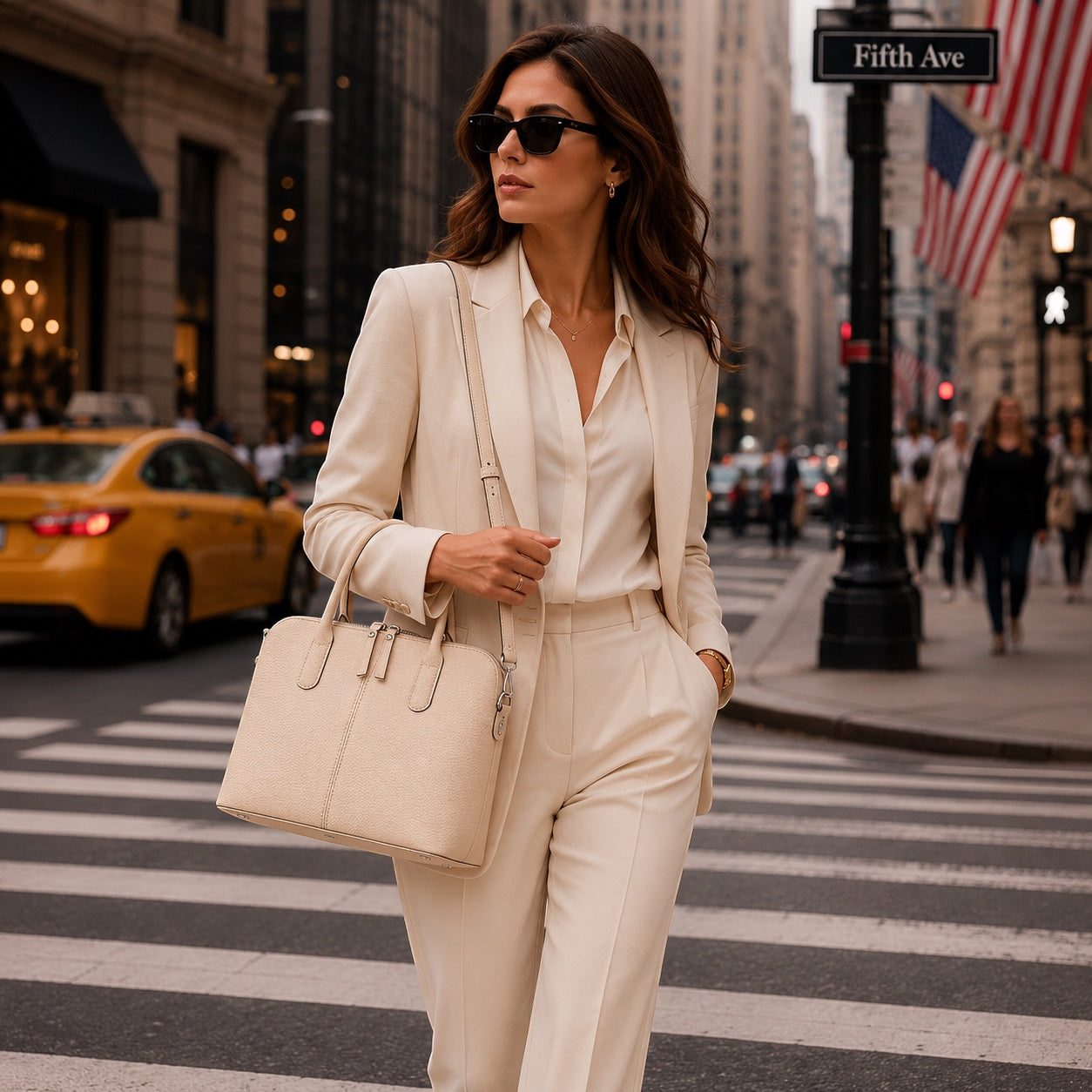 Eclectic Bella structured cream leather handbag worn by a woman in a matching suit on a busy New York city street.