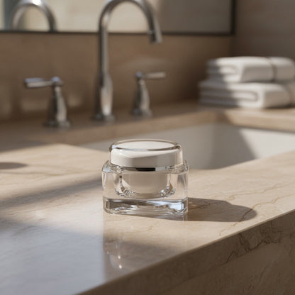 Eclectic Bergamot & Lemon hand and nail cream in a luxurious double-walled Perspex jar with silver accents.