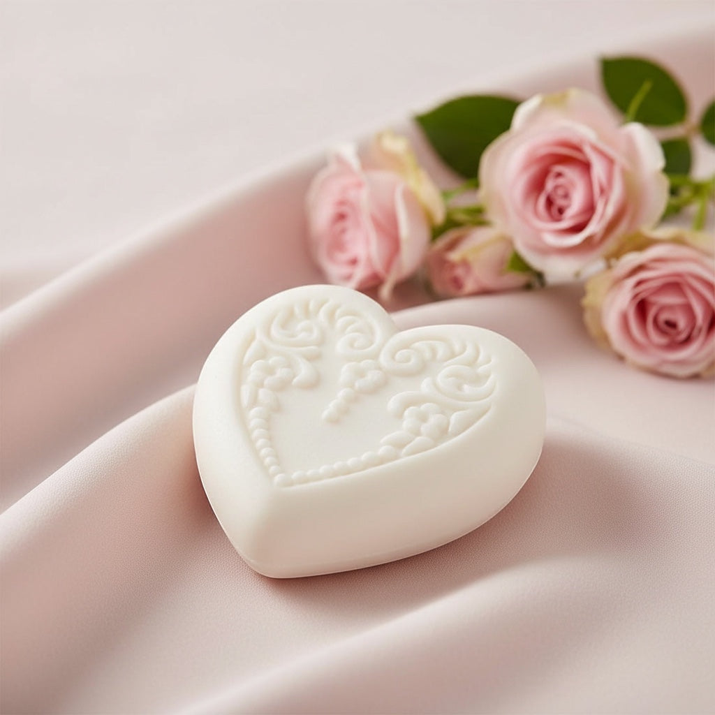 Eclectic Bergamot & Lemon heart-shaped ivory soap with embossed floral detail on soft pink fabric with pink roses.