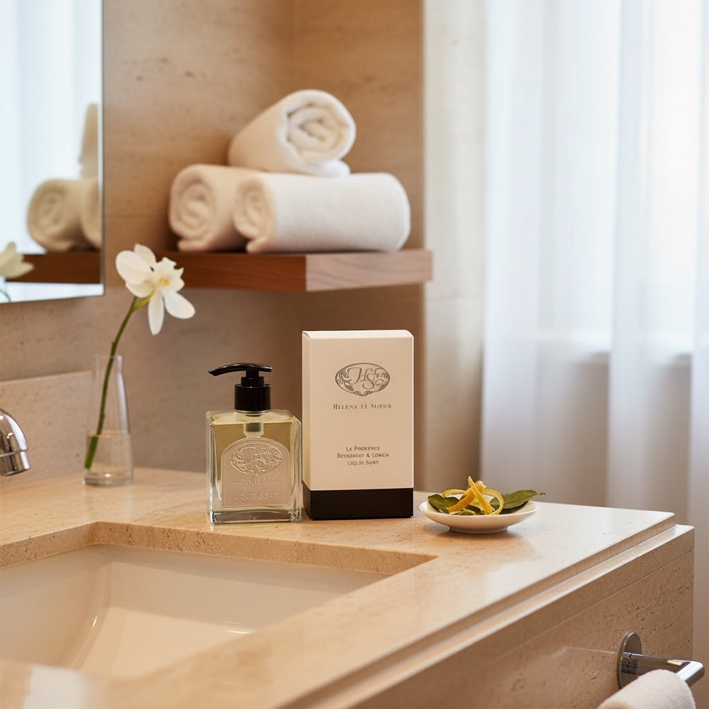 Eclectic Bergamot and Lemon liquid soap in a square glass bottle with pewter label, displayed on a bathroom vanity.