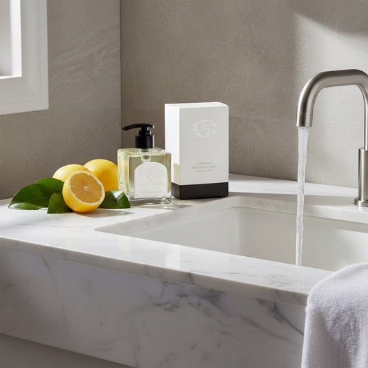 Eclectic Bergamot and Lemon liquid soap in a square glass bottle with a gift box on a marble bathroom vanity.