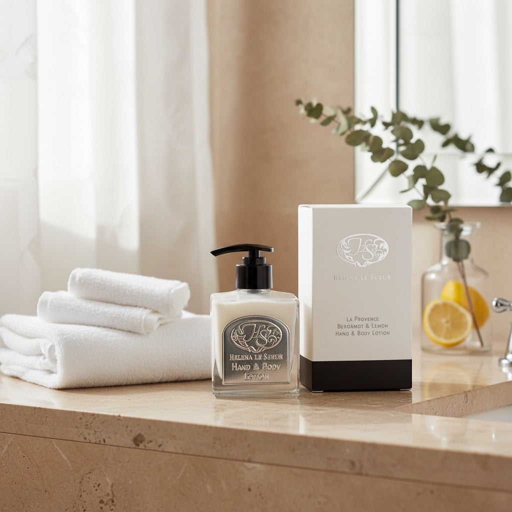 Eclectic Bergamot & Lemon hand and body lotion in a square glass bottle with pump next to its elegant gift box.
