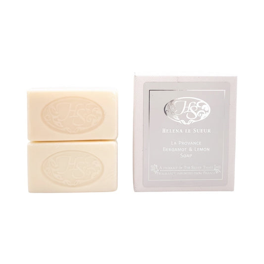 Eclectic Bergamot & Lemon luxury soap set with two embossed ivory bars and a decorative silver-toned gift box.