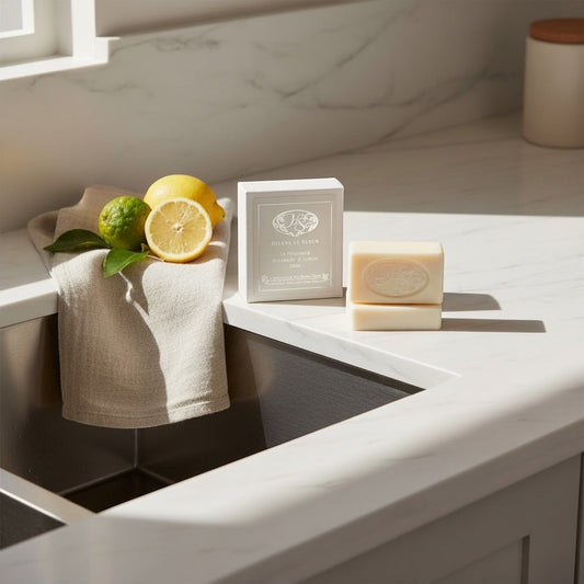 Eclectic Bergamot & Lemon luxury soap set with two ivory bars, silver-detailed box, and fresh citrus on a linen cloth.