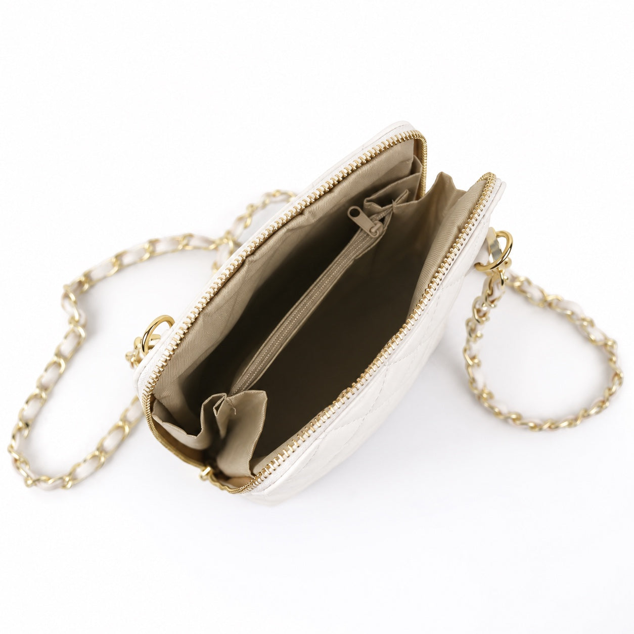 Eclectic Bianca cream quilted leather crossbody bag with gold chain strap and open interior compartment
