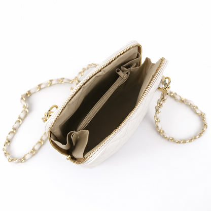 Eclectic Bianca cream quilted leather crossbody bag with gold chain strap and open interior compartment