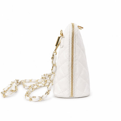 Eclectic Bianca cream quilted leather crossbody bag with gold-tone chain strap and zip-around closure, side view.