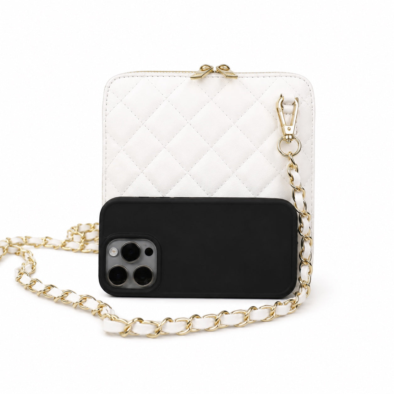 Eclectic Bianca cream quilted leather crossbody bag with gold chain strap and smartphone for size reference