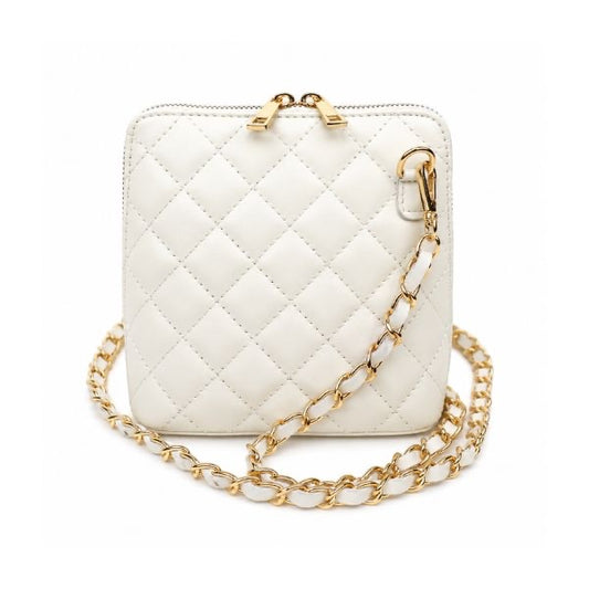 Eclectic Bianca cream quilted leather crossbody bag with gold-tone hardware and a detachable chain strap.