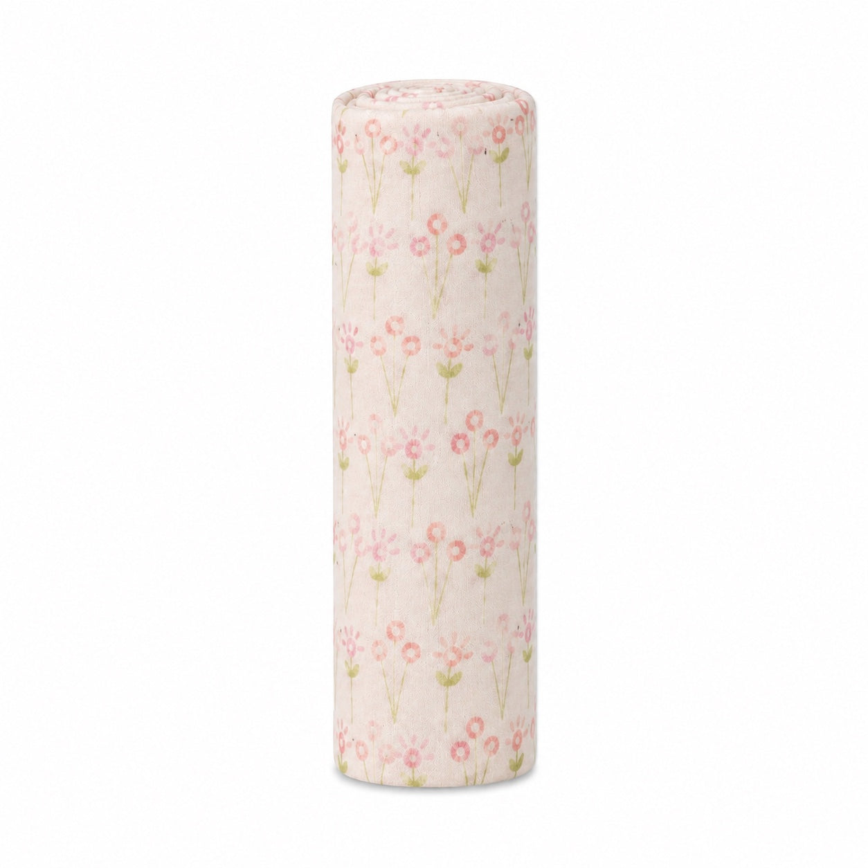 Eclectic Biddykins Bloom cotton flannel baby blanket rolled up with a soft pink floral print on a white background.