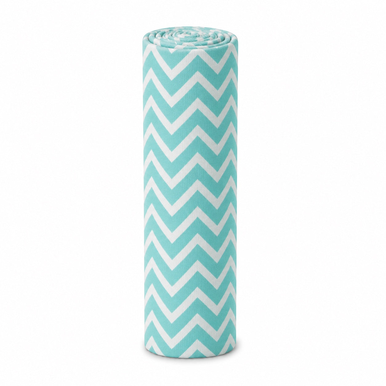 Eclectic Biddykins cotton flannel baby blanket in a turquoise and white chevron pattern, rolled for storage.