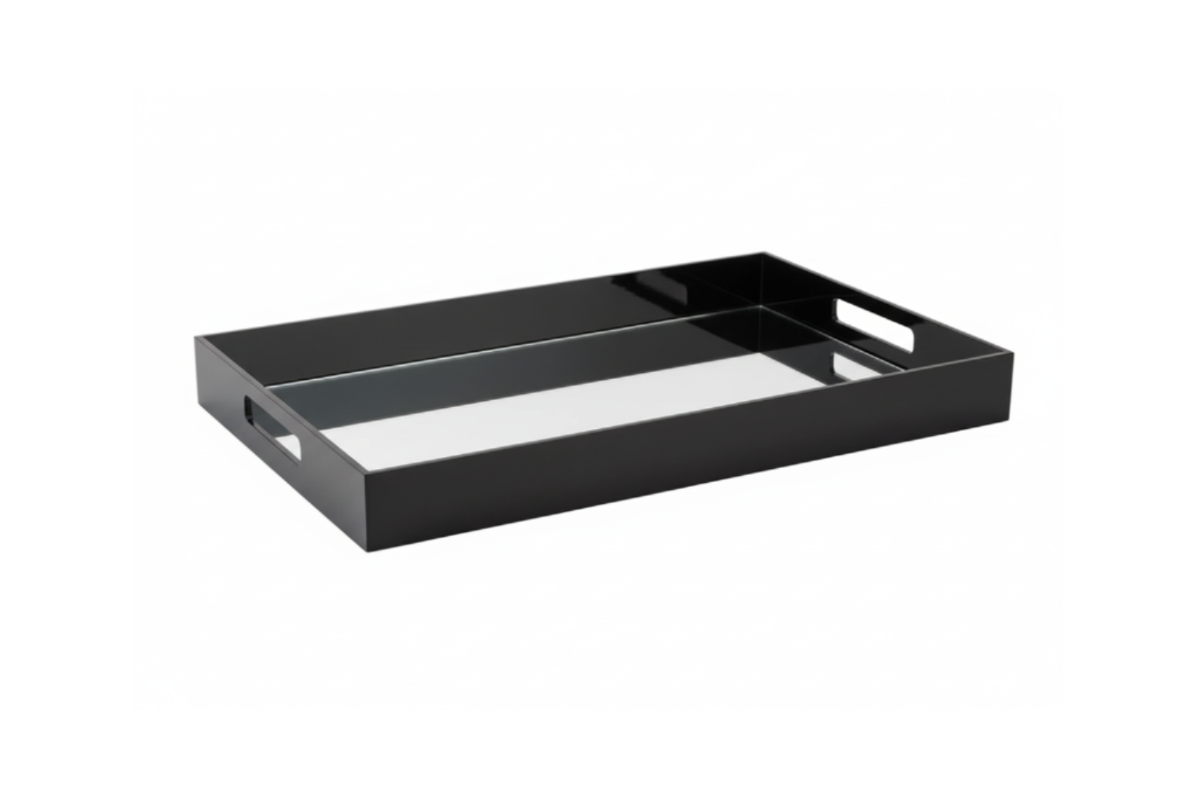 Eclectic modern black acrylic serving tray with a reflective mirrored base and integrated side handles.