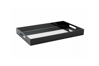 Eclectic modern black acrylic serving tray with a reflective mirrored base and integrated side handles.