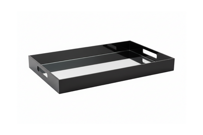Eclectic modern rectangular black acrylic serving tray with a reflective mirrored base and integrated side handles.