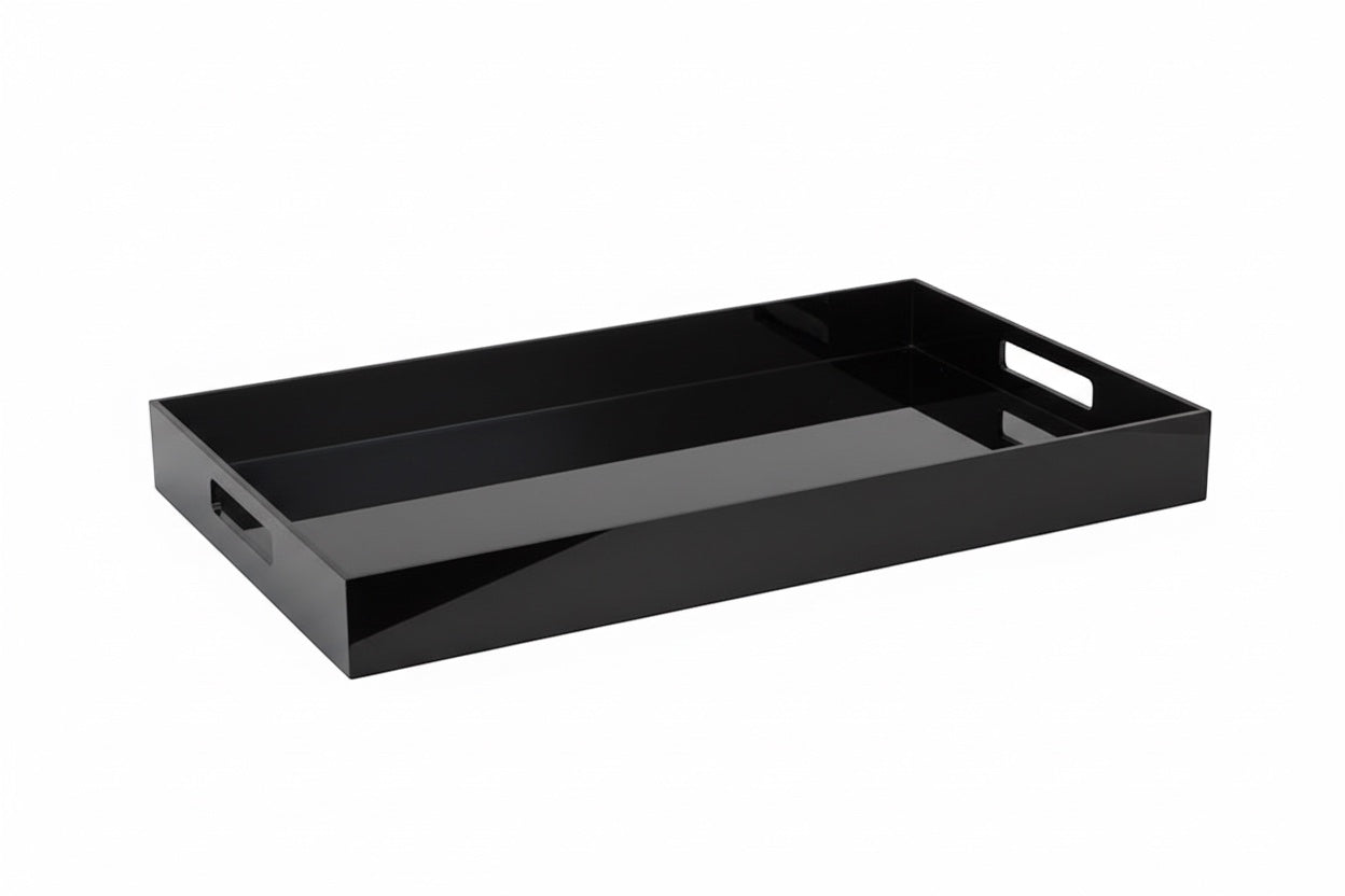 Eclectic modern black acrylic serving tray with integrated handles and raised edges for home decor styling.