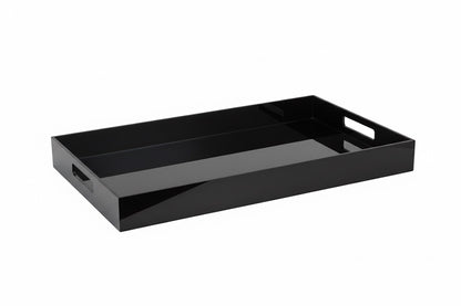 Eclectic modern black acrylic serving tray with integrated handles and raised edges for home decor styling.