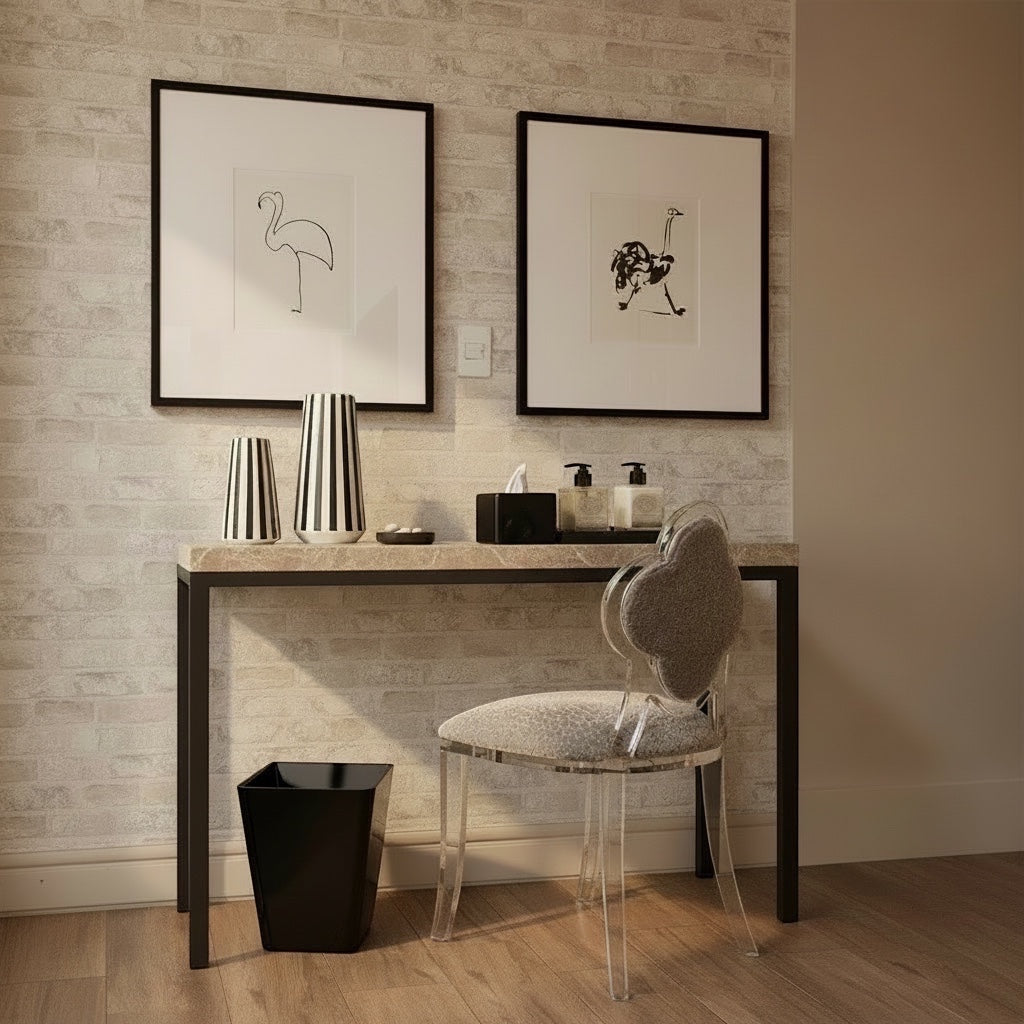 Eclectic black square tapered acrylic dustbin placed under a modern vanity table in a minimalist bedroom setting.
