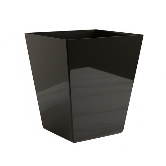 Eclectic minimalist black acrylic dustbin with a square tapered design for a modern office or bathroom.