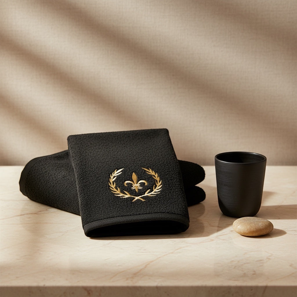 Eclectic black cotton guest towel with gold embroidered crown detail on a marble surface with a matching cup.