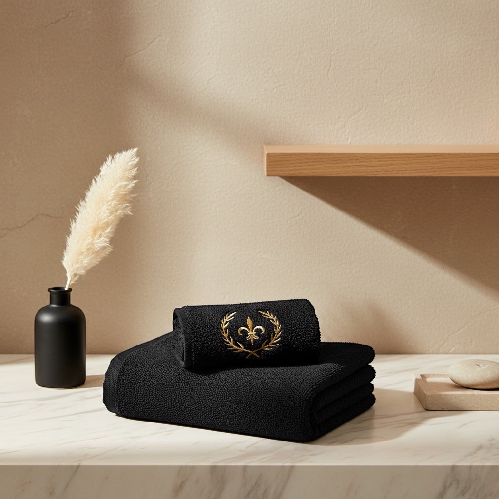 Eclectic black cotton guest towel with elegant gold embroidered crown detail, displayed on a marble countertop.