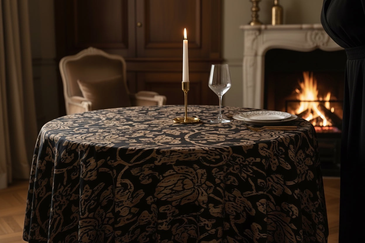 Eclectic round black and gold baroque tablecloth on a dining table with a candle and wine glass in a cozy room