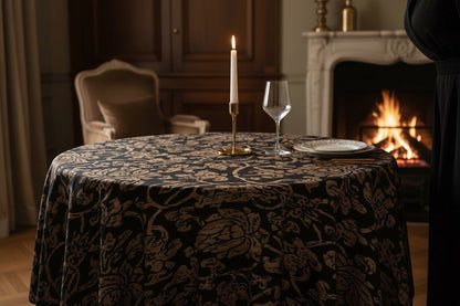 Eclectic round black and gold baroque tablecloth on a dining table with a candle and wine glass in a cozy room
