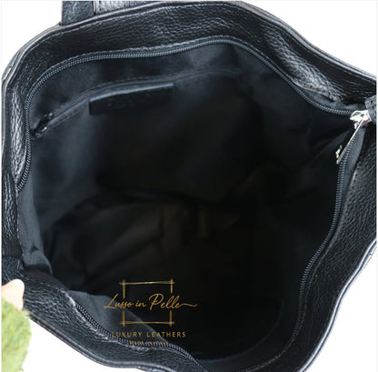 Eclectic black Italian pebbled leather backpack interior with zip and slip pockets and secure top zip closure