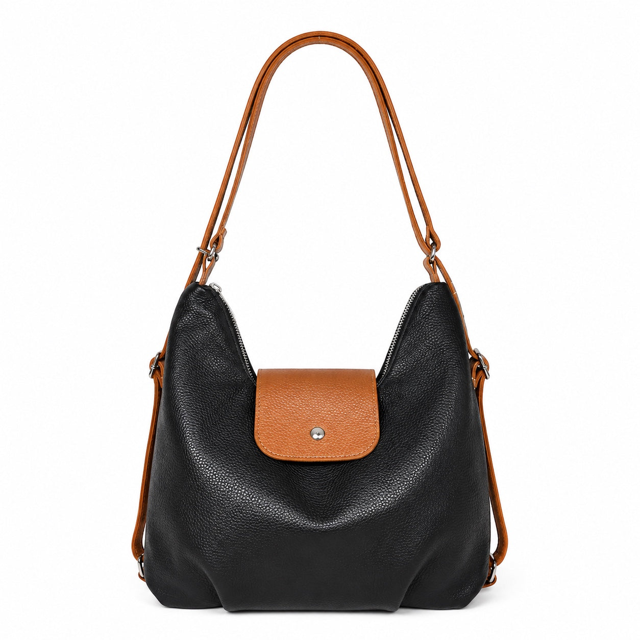 Eclectic Donatello Duo black grain leather convertible bag with tan accents and silver hardware